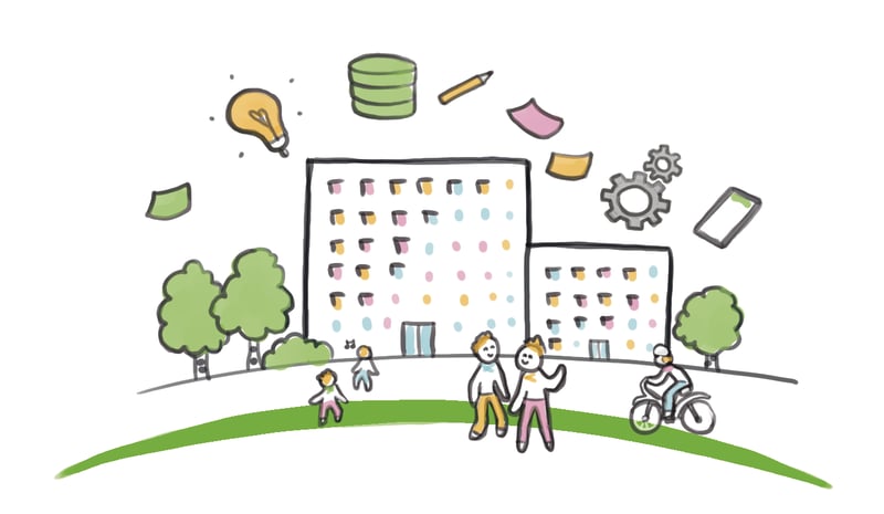 People around buildings
