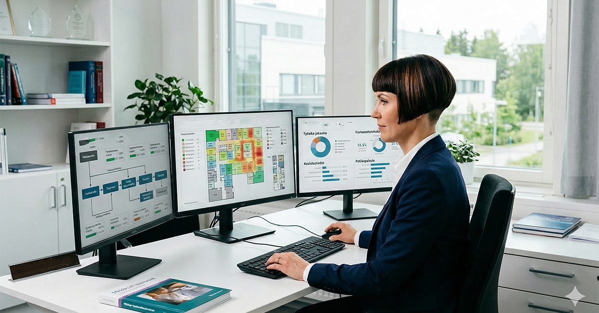 Tekoälyllä luotu kuvituskuva: Nainen analysoi terveydenhuollon raportteja tietokonenäytöiltä